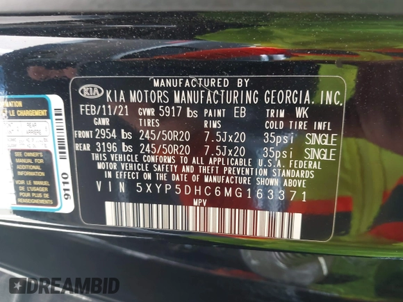 2021 Kia Telluride SX with VIN 5XYP5DHC6MG163371, listed as a IAAI auction lot 42153543 with 85,512 mi miles and . Bid and sale history available at DreamBid. Image 9.