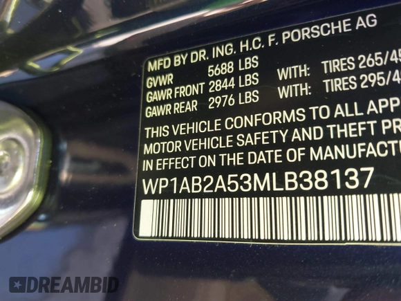 2021 Porsche Macan S with VIN WP1AB2A53MLB38137, listed as a IAAI auction lot 41668798 with 109,652 mi miles and . Bid and sale history available at DreamBid. Image 9.