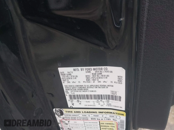2013 Ford F-150 XL with VIN 1FTFW1ET4DFC10833, listed as a IAAI auction lot 41408813 with 1 mi miles. Bid and sale history available at carsss.com. Image 9.