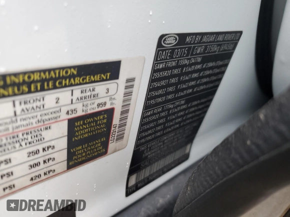 2015 Land Rover Range Rover Supercharged with VIN SALGS3TF6FA223147, listed as a Copart auction lot 48259215 with 105,642 mi miles and Clean title. Bid and sale history available at DreamBid. Image 13.