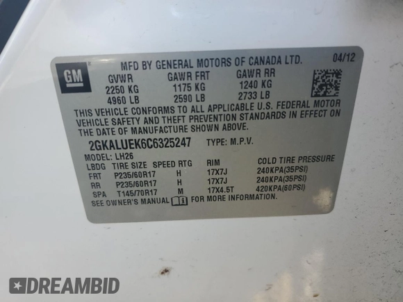 2012 GMC Terrain SLT-1 z VIN 2GKALUEK6C6325247, wystawiony jako Copart lot #52431415 z przebiegiem 156 475 mil mil oraz Szkoda całkowita • Salvage title. Historia ofert i sprzedaży dostępna na DreamBid. Obrazek 14.