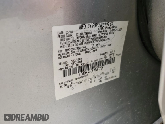 2009 Ford Flex SE with VIN 2FMDK51C79BA02661, listed as a Copart auction lot 49038135 with 190,096 mi miles and Salvage Title. Bid and sale history available at carsss.com. Image 15.