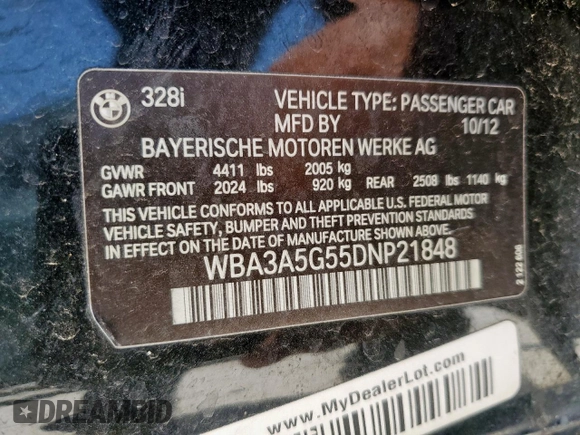 2013 BMW 3 Series 328i with VIN WBA3A5G55DNP21848, listed as a Copart auction lot 61733995 with 134,760 mi miles and Salvage title. Bid and sale history available at DreamBid. Image 13.