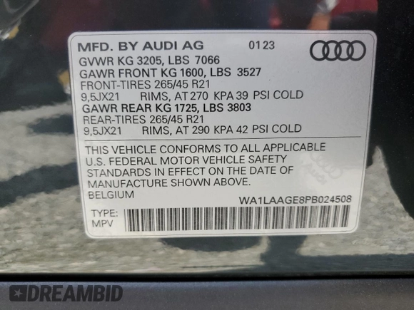 2023 Audi e-tron Premium Plus z VIN WA1LAAGE8PB024508, wystawiony jako Copart lot #62882574 z przebiegiem 20 633 mil mil oraz Szkoda całkowita • Salvage title. Historia ofert i sprzedaży dostępna na DreamBid. Obrazek 13.