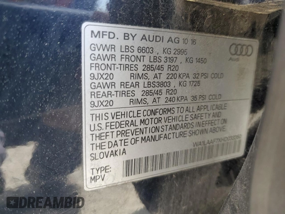 2017 Audi Q7 Premium Plus with VIN WA1LAAF7XHD033350, listed as a Copart auction lot 54946615 with 136,934 mi miles and Salvage Title. Bid and sale history available at DreamBid. Image 13.