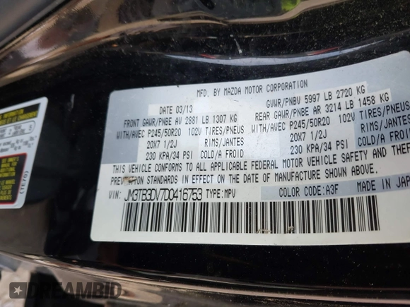 2013 Mazda CX-9 Grand Touring with VIN JM3TB3DV7D0416753, listed as a IAAI auction lot 42127340 with 117,289 mi miles and . Bid and sale history available at carsss.com. Image 9.