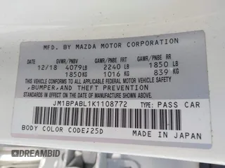 2019 Mazda 3 with VIN JM1BPABL1K1108772, listed as a IAAI auction lot 42553949 with 133,203 mi miles and . Bid and sale history available at DreamBid. Image 9.
