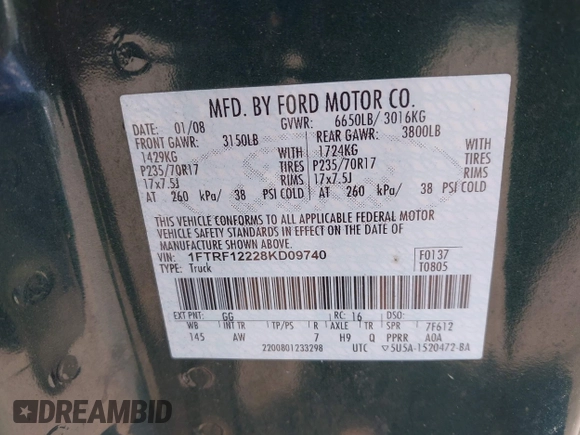 2008 Ford F-150 XL with VIN 1FTRF12228KD09740, listed as a IAAI auction lot 42691755 with 126,839 mi miles and . Bid and sale history available at DreamBid. Image 9.