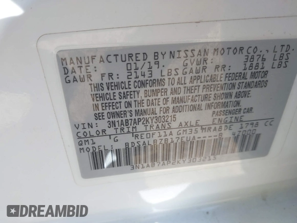 2019 Nissan Sentra S with VIN 3N1AB7AP2KY303215, listed as a IAAI auction lot 41806858 with 97,971 mi miles. Bid and sale history available at carsss.com. Image 9.