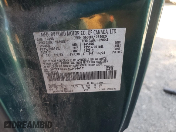 1999 Ford F-150 XL with VIN 2FTZF0720XCA14612, listed as a Copart auction lot 75092304 with 230,897 mi miles and Salvage Title. Bid and sale history available at carsss.com. Image 12.