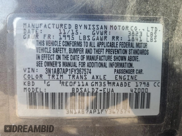 2015 Nissan Sentra S with VIN 3N1AB7AP1FY367574, listed as a Copart auction lot 75416544 with 153,279 mi miles and Salvage Title. Bid and sale history available at carsss.com. Image 13.