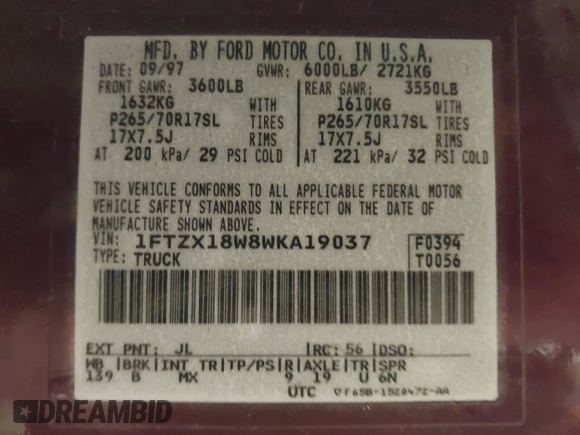 1998 Ford F-150 with VIN 1FTZX18W8WKA19037, listed as a IAAI auction lot 40977819 with 137,119 mi miles and . Bid and sale history available at DreamBid. Image 9.
