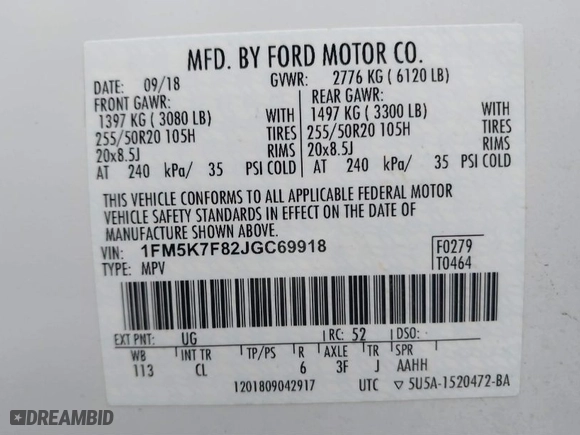 2018 Ford Explorer Limited with VIN 1FM5K7F82JGC69918, listed as a IAAI auction lot 41427239 with 128,784 mi miles. Bid and sale history available at carsss.com. Image 9.