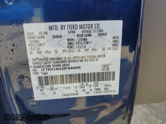 2008 Ford F-150 STX z VIN 1FTRX14W28FB44956, wystawiony jako Copart lot #54774165 z przebiegiem 137 384 mil mil oraz Szkoda całkowita • Salvage title. Historia ofert i sprzedaży dostępna na DreamBid. Obrazek 13.