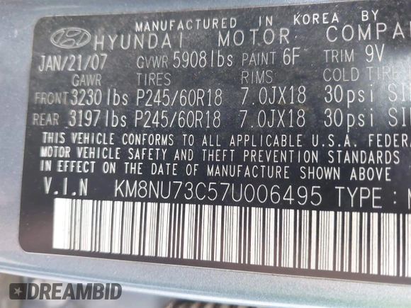 2007 Hyundai Veracruz GLS with VIN KM8NU73C57U006495, listed as a IAAI auction lot 42234722 with 286,370 mi miles and . Bid and sale history available at DreamBid. Image 9.