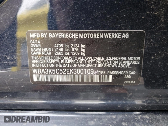 2014 BMW 3 Series 328d xDrive with VIN WBA3K5C52EK300109, listed as a Copart auction lot 45592635 with 103,538 mi miles and Salvage title. Bid and sale history available at DreamBid. Image 14.
