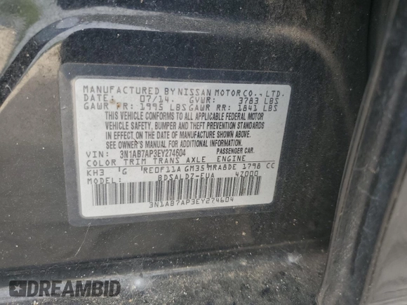 2014 Nissan Sentra SV with VIN 3N1AB7AP3EY274604, listed as a Copart auction lot 53862015 with Not Provided miles and Clean Title. Bid and sale history available at DreamBid. Image 12.