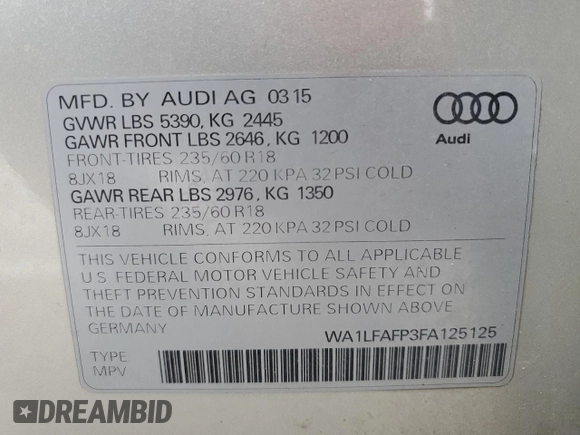 2015 Audi Q5 Premium Plus with VIN WA1LFAFP3FA125125, listed as a Copart auction lot 56870885 with 123,840 mi miles and Salvage title. Bid and sale history available at DreamBid. Image 14.