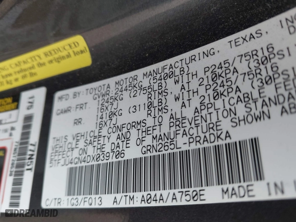 2013 Toyota Tacoma PreRunner with VIN 5TFJU4GN4DX039706, listed as a IAAI auction lot 41465806 with 126,322 mi miles. Bid and sale history available at carsss.com. Image 9.