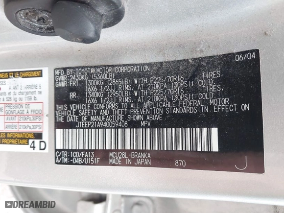2004 Toyota Highlander with VIN JTEEP21A940059408, listed as a IAAI auction lot 42094429 with 191,682 mi miles. Bid and sale history available at carsss.com. Image 9.