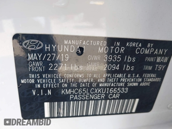 2019 Hyundai Ioniq Blue with VIN KMHC65LCXKU166533, listed as a IAAI auction lot 42090460 with 109,703 mi miles and . Bid and sale history available at DreamBid. Image 9.
