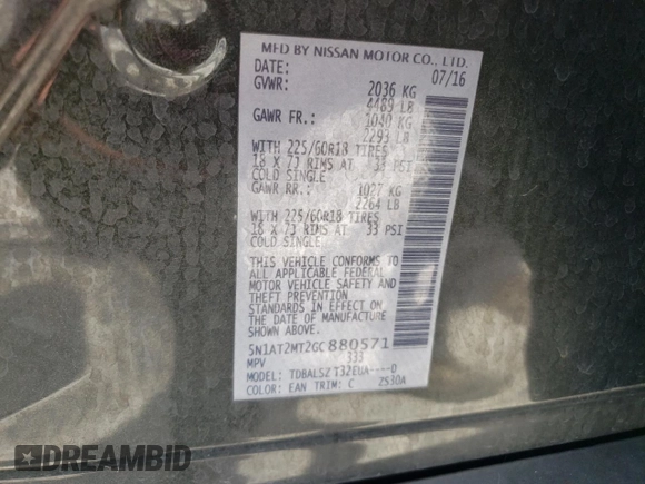 2016 Nissan Rogue SL with VIN 5N1AT2MT2GC880571, listed as a Copart auction lot 59388553 with 79,901 mi miles and Salvage Title. Bid and sale history available at carsss.com. Image 13.