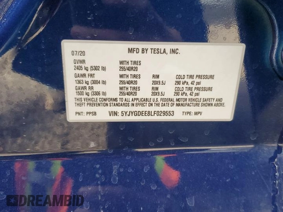 2020 Tesla Model Y Long Range z VIN 5YJYGDEE8LF029553, wystawiony jako Copart lot #51010665 z przebiegiem 42 877 mil mil oraz Szkoda całkowita • Salvage title. Historia ofert i sprzedaży dostępna na DreamBid. Obrazek 13.