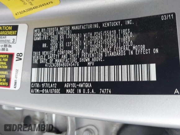 2011 Toyota Venza with VIN 4T3ZA3BB4BU045476, listed as a IAAI auction lot 42186161 with 135,932 mi miles and . Bid and sale history available at DreamBid. Image 9.