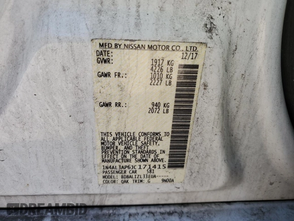 2018 Nissan Altima SV with VIN 1N4AL3AP6JC171415, listed as a Copart auction lot 49228105 with 144,104 mi miles and Clean Title. Bid and sale history available at DreamBid. Image 12.