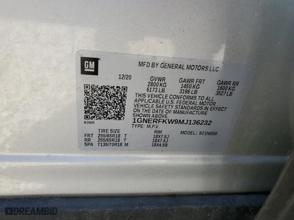 2021 Chevrolet Traverse LS with VIN 1GNERFKW9MJ136232, listed as a Copart auction lot 48582875 with 75,283 mi miles and Non Repairable. Bid and sale history available at carsss.com. Image 13.