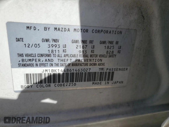 2006 Mazda 3 S Sport with VIN JM1BK144861463027, listed as a Copart auction lot 49772215 with 263,297 mi miles and Salvage Title. Bid and sale history available at DreamBid. Image 13.