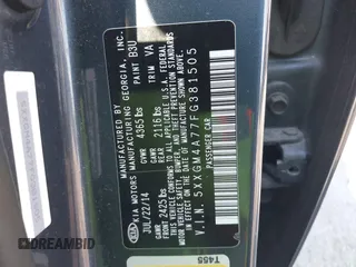 2015 Kia Optima LX with VIN 5XXGM4A77FG381505, listed as a IAAI auction lot 42105568 with 164,641 mi miles and . Bid and sale history available at DreamBid. Image 9.