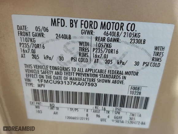2007 Ford Escape XLT with VIN 1FMCU93137KA07593, listed as a Copart auction lot 48858345 with 123,487 mi miles and Salvage Title. Bid and sale history available at carsss.com. Image 15.