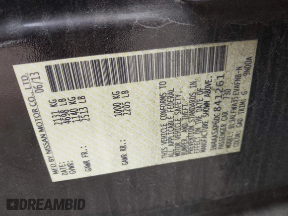 2013 Nissan Maxima S with VIN 1N4AA5AP6DC841261, listed as a IAAI auction lot 41673912 with 191,500 mi miles and . Bid and sale history available at DreamBid. Image 9.