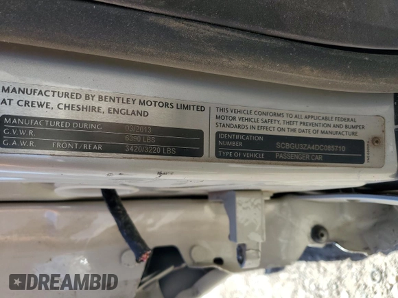2013 Bentley Continental GT with VIN SCBGU3ZA4DC085710, listed as a Copart auction lot 87856195 with Not Provided miles and Salvage Title. Bid and sale history available at DreamBid. Image 13.