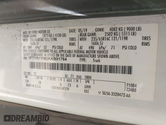2019 Ford Transit with VIN 1FTYR1YM2KKB01764, listed as a IAAI auction lot 42216591 with 193,653 mi miles and . Bid and sale history available at DreamBid. Image 9.