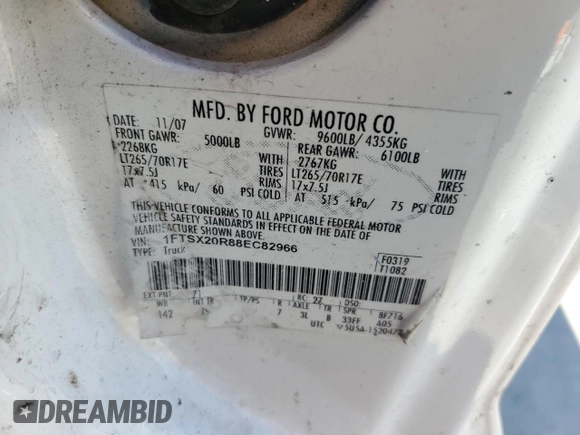 2008 Ford Super Duty F-250 SRW XL with VIN 1FTSX20R88EC82966, listed as a Copart auction lot 43568875 with 330,345 mi miles and Salvage Title. Bid and sale history available at carsss.com. Image 12.