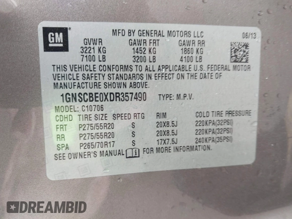 2013 Chevrolet Tahoe LT with VIN 1GNSCBE0XDR357490, listed as a IAAI auction lot 42013034 with Not provided miles and . Bid and sale history available at DreamBid. Image 9.