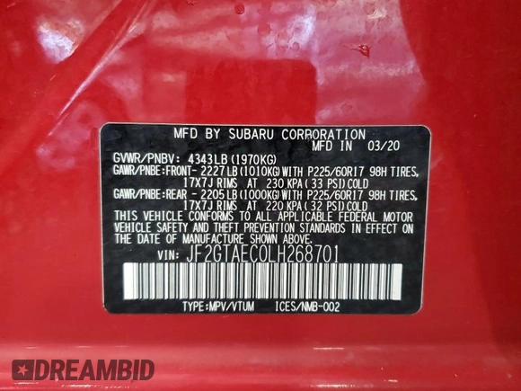 2020 Subaru Crosstrek Premium with VIN JF2GTAEC0LH268701, listed as a Copart auction lot 55086545 with 63,461 mi miles and Salvage title. Bid and sale history available at DreamBid. Image 13.