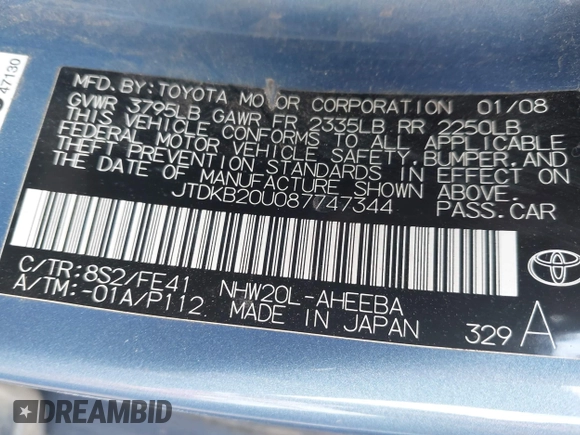 2008 Toyota Prius with VIN JTDKB20U087747344, listed as a IAAI auction lot 42287246 with 191,547 mi miles and . Bid and sale history available at DreamBid. Image 9.