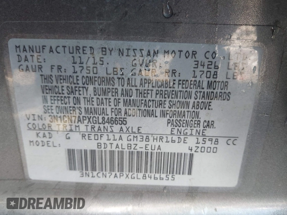 2016 Nissan Versa S Plus with VIN 3N1CN7APXGL846655, listed as a IAAI auction lot 42105049 with 57,918 mi miles. Bid and sale history available at carsss.com. Image 9.