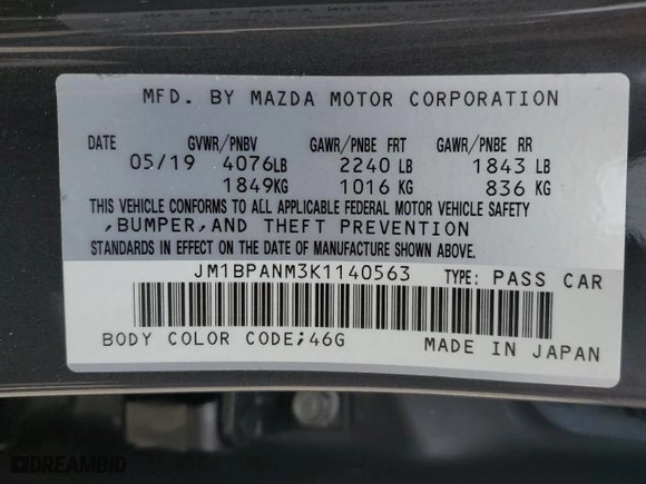 2019 Mazda Mazda3 Hatchback w/Premium Pkg with VIN JM1BPANM3K1140563, listed as a Copart auction lot 70853064 with 28,348 mi miles and Salvage Title. Bid and sale history available at carsss.com. Image 14.