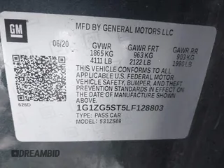 2020 Chevrolet Malibu RS with VIN 1G1ZG5ST5LF128803, listed as a IAAI auction lot 41148439 with 35,643 mi miles and . Bid and sale history available at DreamBid. Image 9.