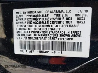 2010 Honda Odyssey EX-L с VIN 5FNRL3H76AB101807, выставлен на аукционе IAAI как лот 41221054 с пробегом 214 940 миль миль и . История ставок и продаж доступна на DreamBid. Изображение 9.
