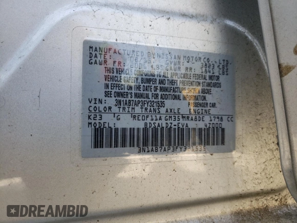 2015 Nissan Sentra SV with VIN 3N1AB7AP3FY321535, listed as a Copart auction lot 54095015 with 115,359 mi miles and Salvage Title. Bid and sale history available at DreamBid. Image 12.