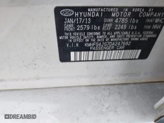2013 Hyundai Azera with VIN KMHFG4JG7DA247682, listed as a IAAI auction lot 41843611 with 63,009 mi miles. Bid and sale history available at carsss.com. Image 9.