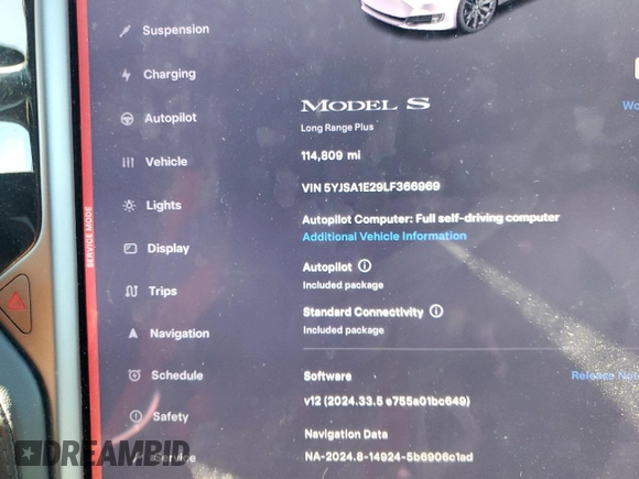 2020 Tesla Model S Long Range с VIN 5YJSA1E29LF366969, выставлен на аукционе Copart как лот 88164585 с пробегом 114 809 миль миль и Списание • Salvage title. История ставок и продаж доступна на DreamBid. Изображение 9.