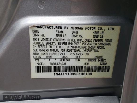 2005 Nissan Altima 2.5 with VIN 1N4AL11D95C132138, listed as a Copart auction lot 46831445 with 107,073 mi miles and Salvage Title. Bid and sale history available at carsss.com. Image 12.