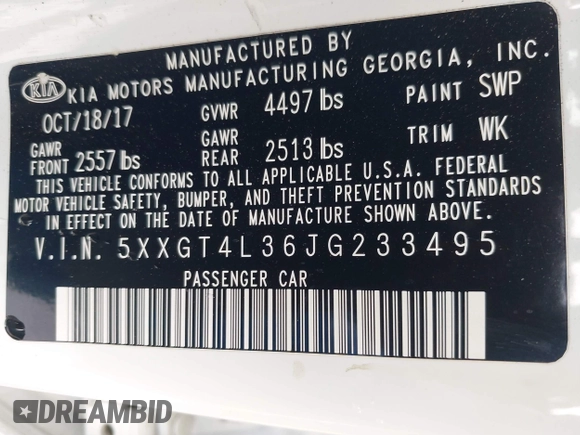 2018 Kia Optima S z VIN 5XXGT4L36JG233495, wystawiony jako IAAI lot #42284838 z przebiegiem 67 323 mil mil oraz . Historia ofert i sprzedaży dostępna na DreamBid. Obrazek 9.