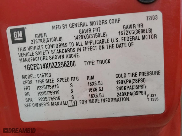 2003 Chevrolet Silverado 1500 Work Truck with VIN 1GCEC14X03Z256200, listed as a Copart auction lot 83425064 with NaN miles and Salvage Title. Bid and sale history available at carsss.com. Image 12.